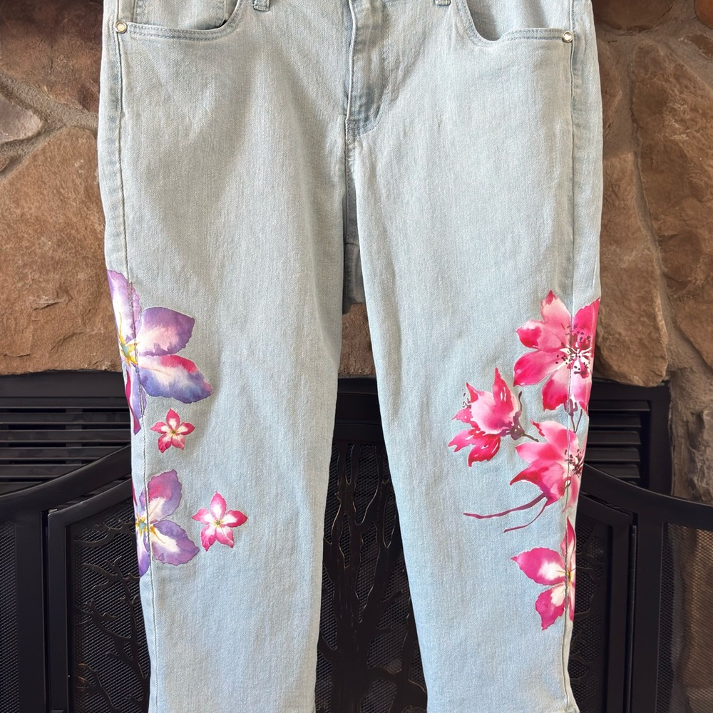 VENUS Light Wash Straight Leg Jeans with Pink & Purple Floral Accents - Picture 9 of 10